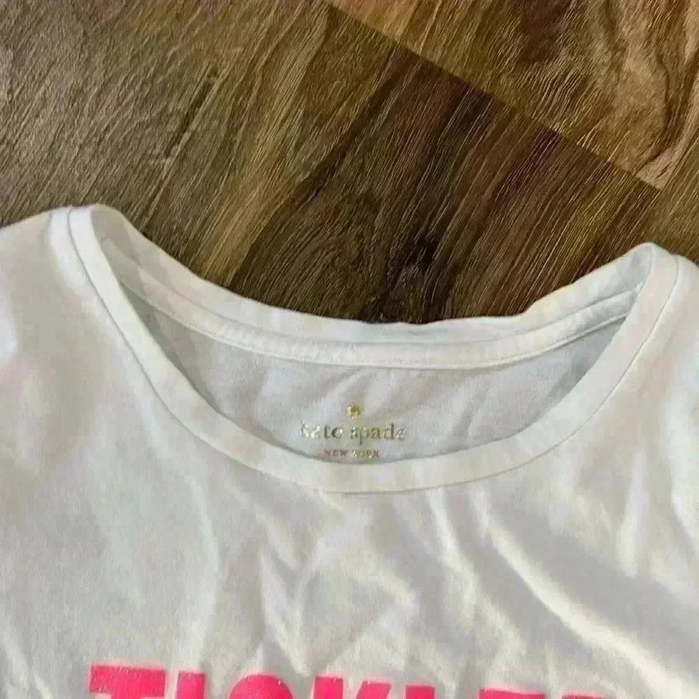 Kate Spade Tickled Pink Tee Girls size 14Y. White with pink glitter letters